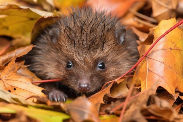 Baby hedgehog in a pile of crisp autumn leaves with its quills visible created with generative ai