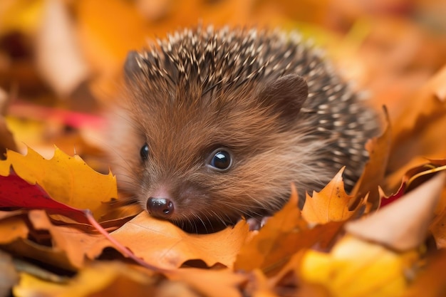 Baby hedgehog in a pile of crisp autumn leaves with its quills visible created with generative ai