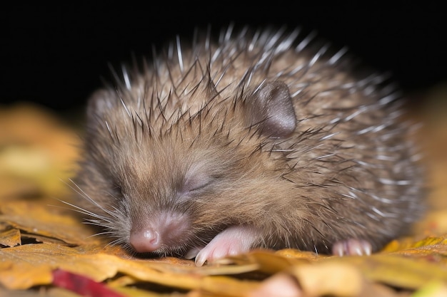Baby hedgehog rolling in pile of autumn leaves curling up for nap created with generative ai