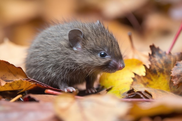 Baby hedgehog taking its first steps on pile of autumn leaves created with generative ai