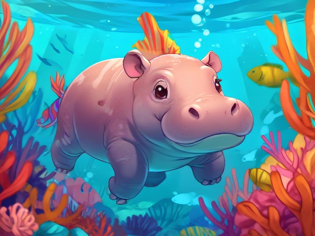 baby hippo in childrens cartoon style