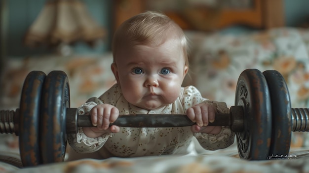 Baby Holding Barbell on Bed