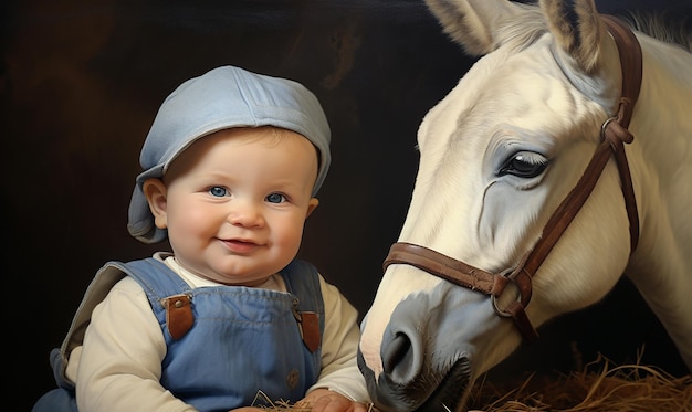 赤ちゃんと馬が馬の写真にポーズをとっている