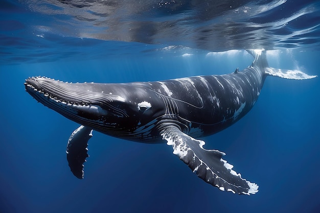 A Baby Humpback Whale Plays Near the Surface in Blue Water