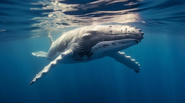 A Baby Humpback Whale Plays Near the Surface in Blue Water