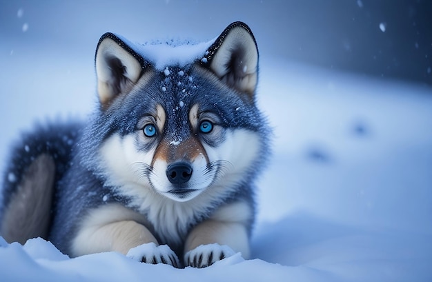 雪の中でハスキーの赤ちゃん 雪の中でシベリアン ハスキー犬 雪の中に座っているハスキーの赤ちゃん