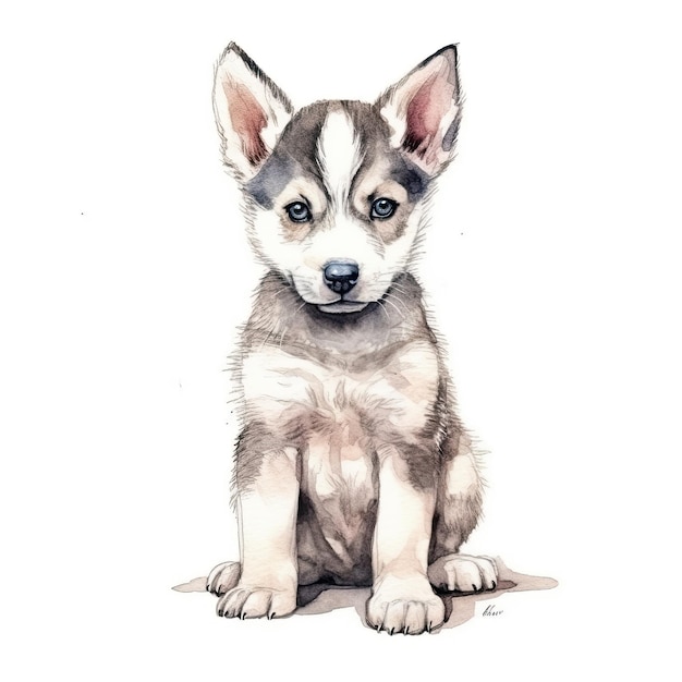 Baby Husky watercolor with ink outline on white background high detailed generative AI