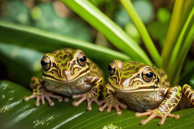 Baby hypochondrialis tiger legged monkey frogs close up on leafy greenery