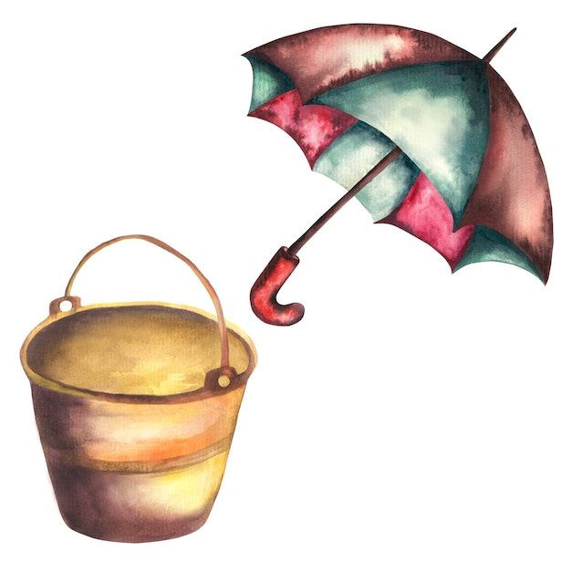 Детская иллюстрация Акварельный детский набор с утятами, сапогами, зонтиком и кораблями
