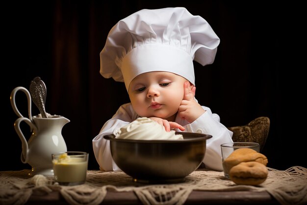 写真 スプーンとボウルを持ったシェフの帽子をかぶった赤ちゃん