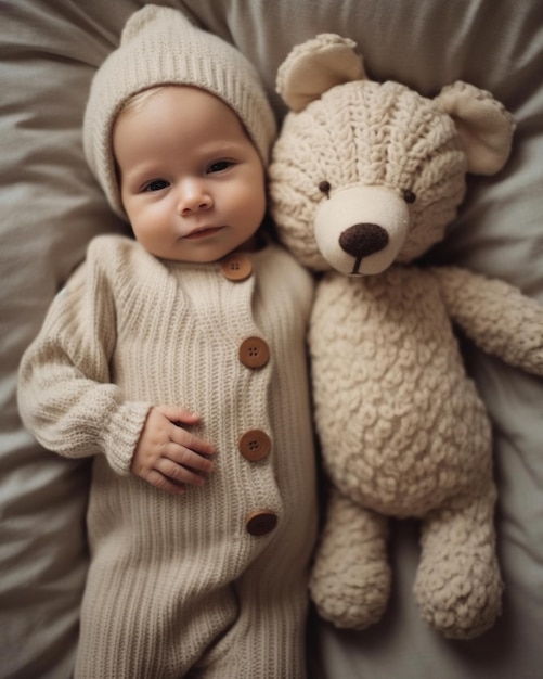 Baby in bruine onesie en een oude teddybeer Generatief AI-beeld