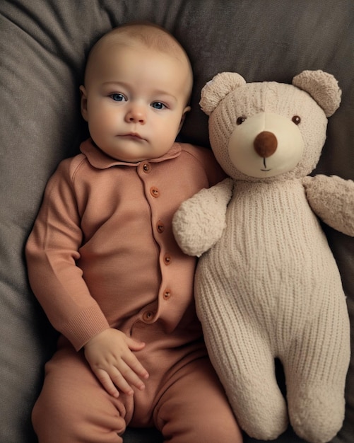 Baby in bruine onesie en een oude teddybeer Generatief AI-beeld