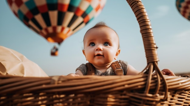 Baby in een mand met een luchtballon