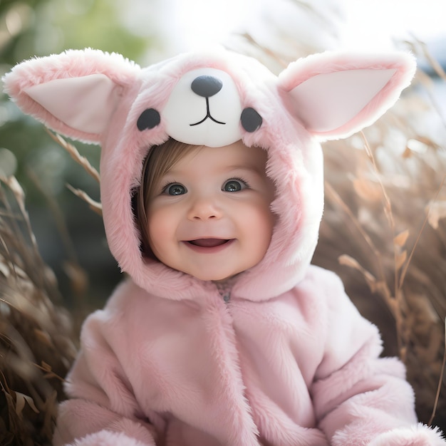 Foto baby in een roze konijnenpak.