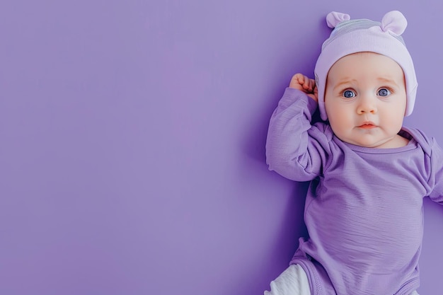 Baby in paarse kleding op paarse muur