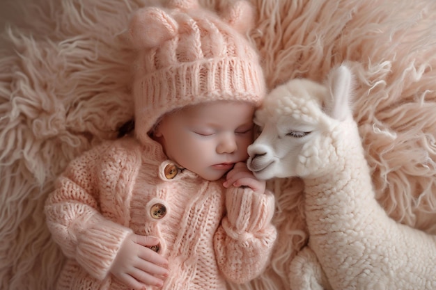 Baby in roze gebreide kleding slaapt naast een baby alpaca speelgoed in een zachte warme perzik fuzz setting De scène roept tederheid op en kan worden gebruikt voor kinderverzorgingsmateriaal
