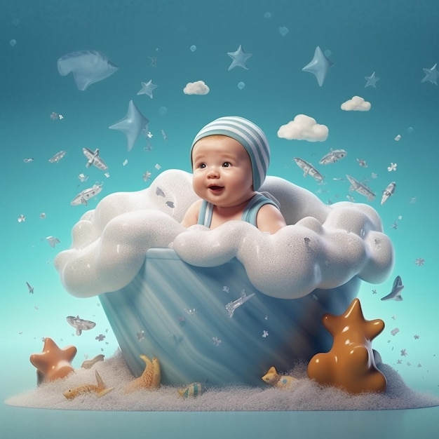 A baby is in a bathtub with foam and stars.