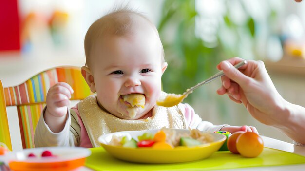 A baby is being fed food