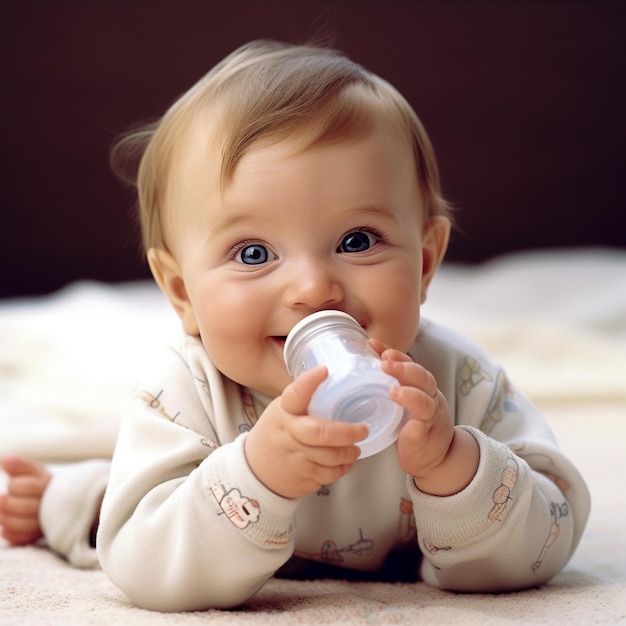 a baby is drinking from a bottle with the word quot new quot on it