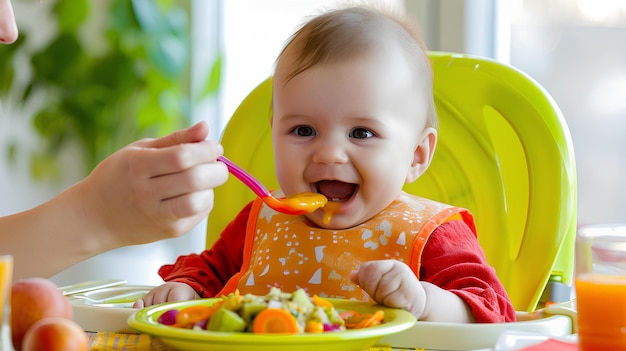 A baby is eating in a childs high chair