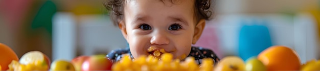 Photo a baby is eating from a plate