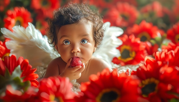 a baby is eating a piece of fruit with a flower in the background
