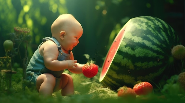 A baby is eating a strawberry in the grass