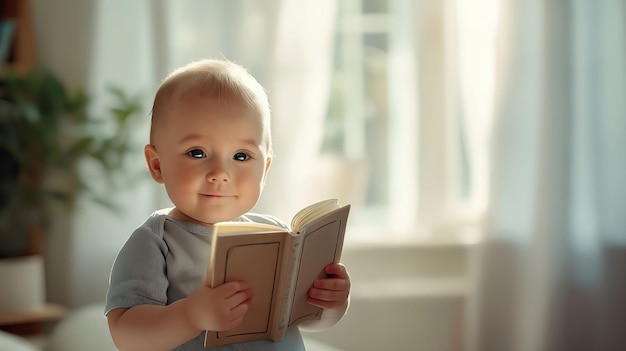 A baby is holding a book in front of a window