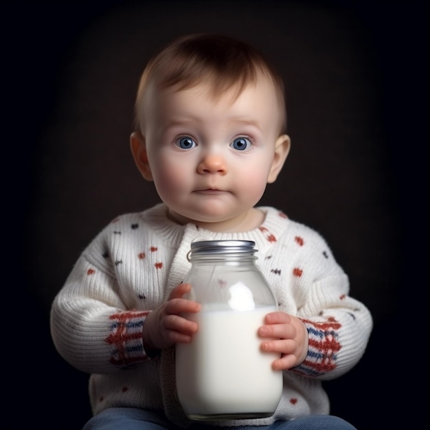 a baby is holding a jar of milk with the words quot baby quot on it