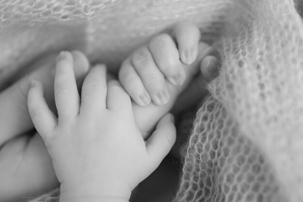 A baby is holding on to the mother's finger. Hands close-up. Black and white photo. Concept of mothe