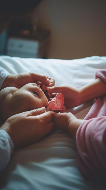 a baby is laying on a bed with a heart shaped heart on it.