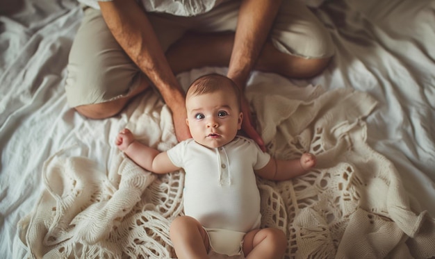 a baby is laying on a bed with a man in the background