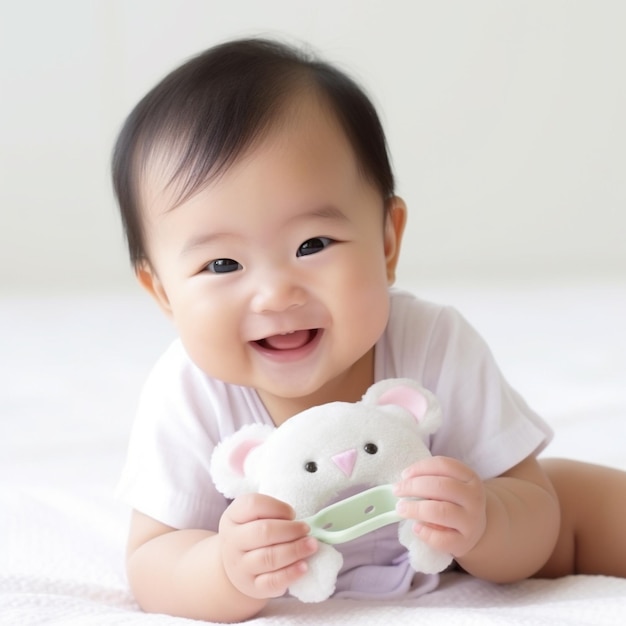 a baby is laying on a bed with a teddy bear