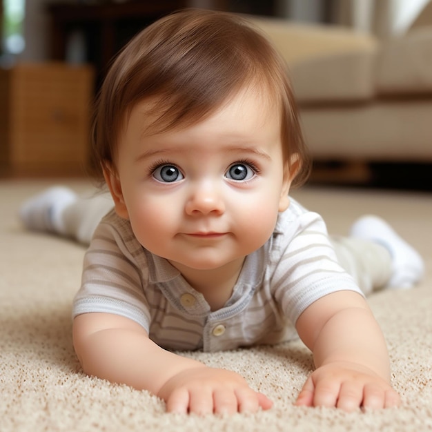 a baby is laying on the carpet with a blue eyes