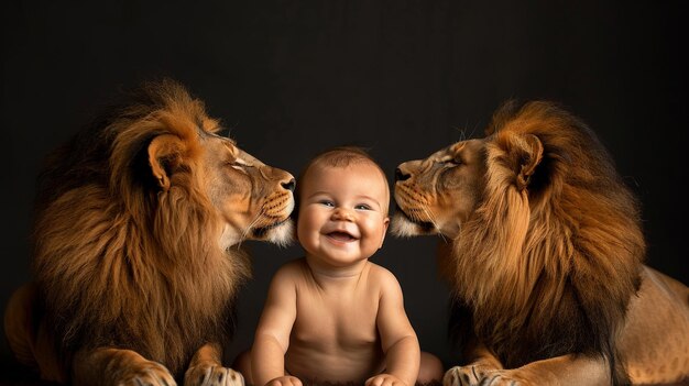 A baby is laying on the ground between two lions