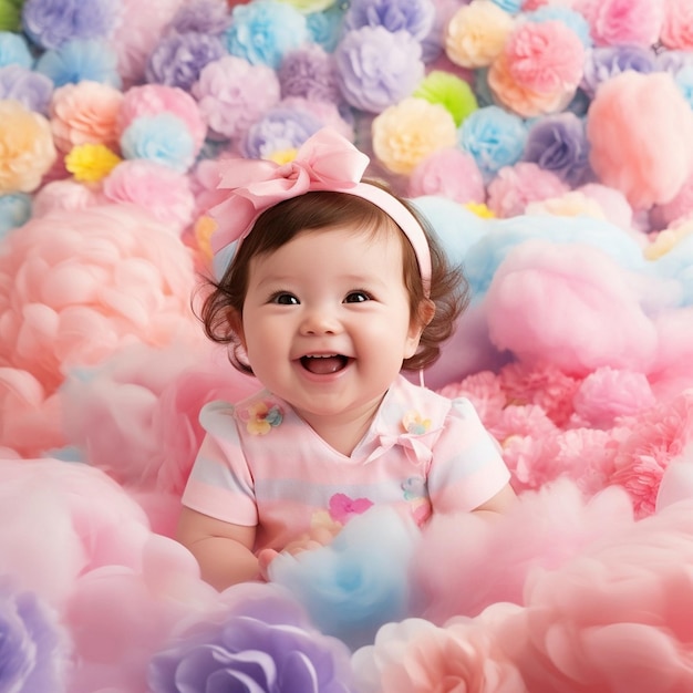 A baby is laying in a pile of pink and blue cotton