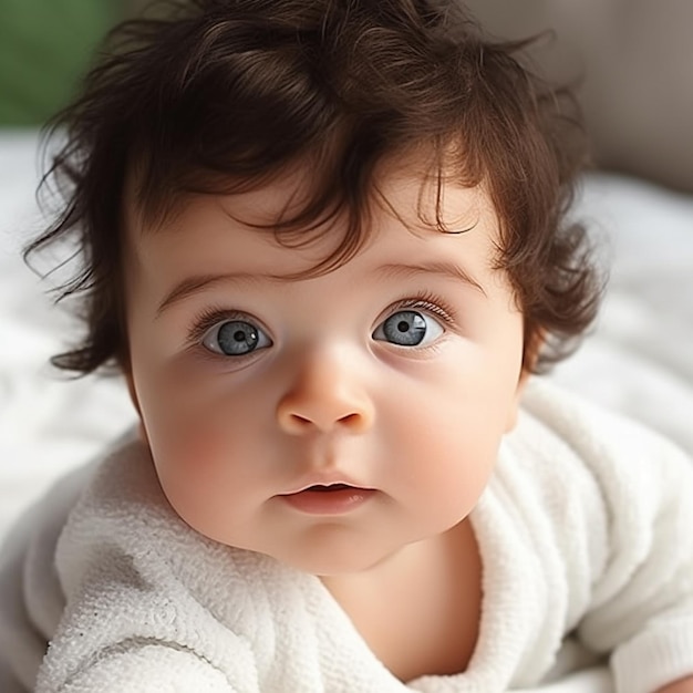 a baby is laying on a white blanket with a green background