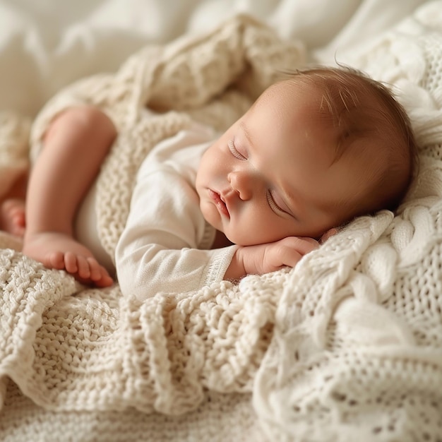 Foto un bambino è sdraiato su una coperta bianca con una coperта a maglia bianca