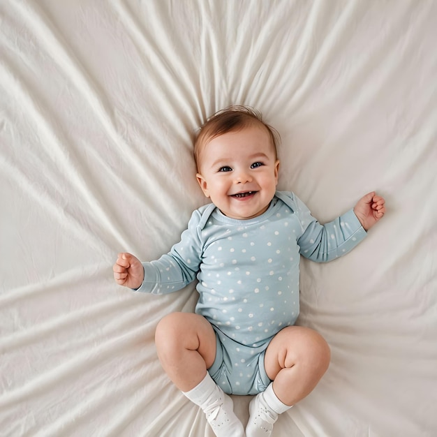 a baby is laying on a white sheet with a blue polka dot pattern