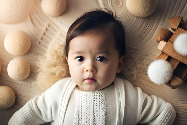 Photo a baby is looking at the camera with a stuffed animal in the background.