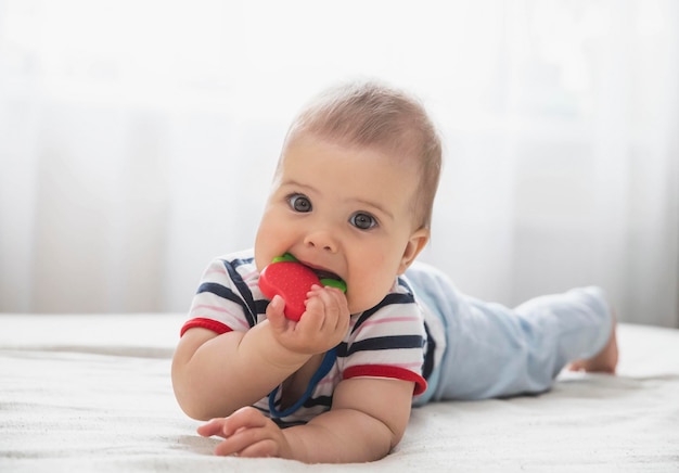 baby is nibble a rubber toy because the teeth are being cut