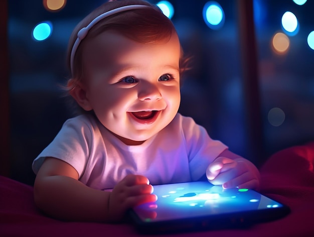 A baby is playing on an ipad with a lit up screen that says'i'm a baby '