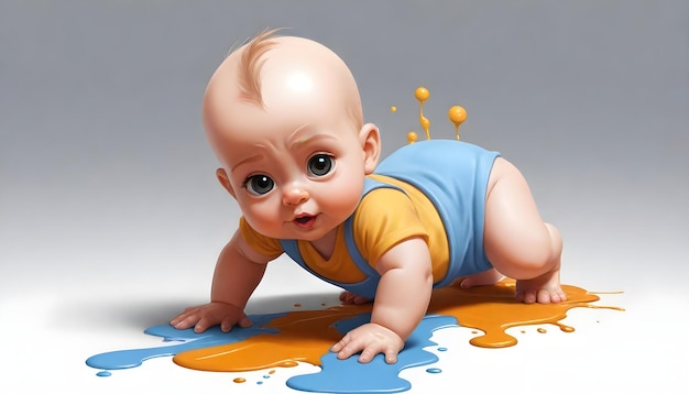 Photo a baby is playing with a colorful piece of orange paint