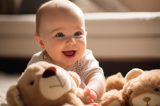 a baby is playing with a stuffed bear