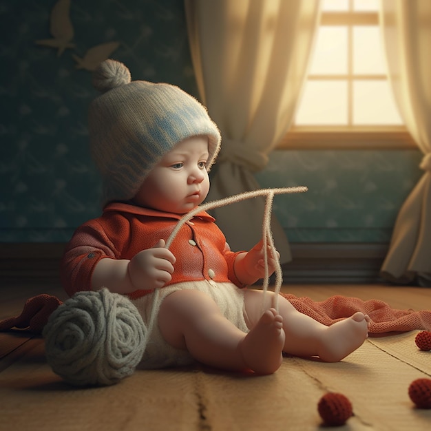A baby is playing with a yarn ball and a hat on his head.