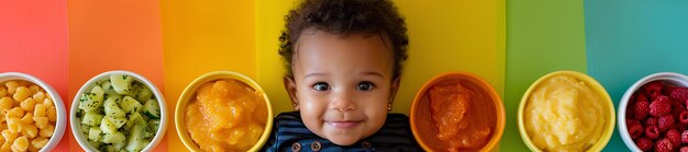 A baby is posed in front of several bowls of bright colored snacks