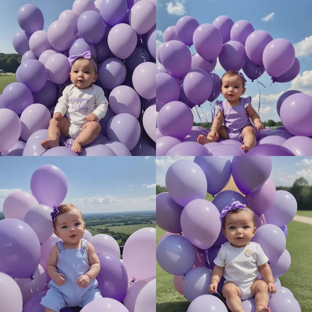 a baby is sitting in a bunch of purple balloons