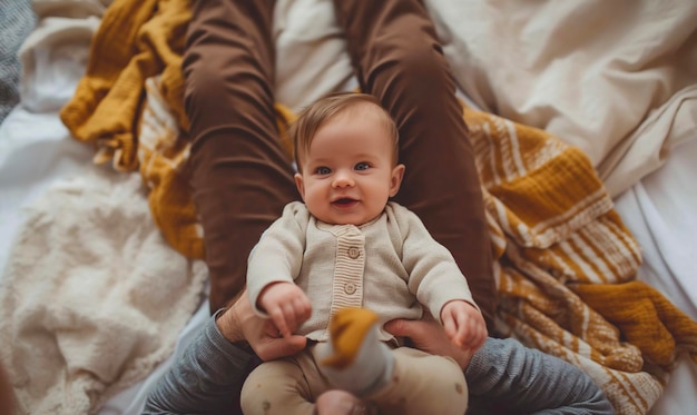 a baby is sitting in a chair with a blanket