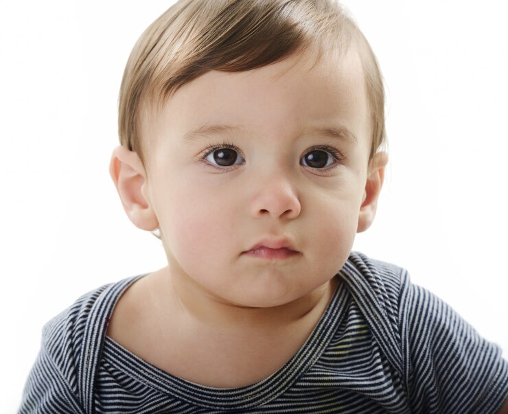 Baby is sitting on floor, isolated on white