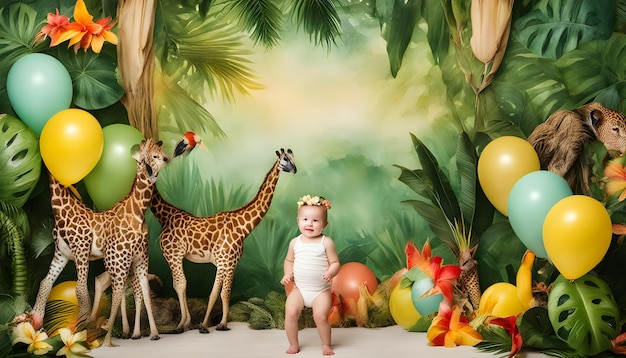 a baby is sitting on a floor with a giraffe and a giraffe in the background